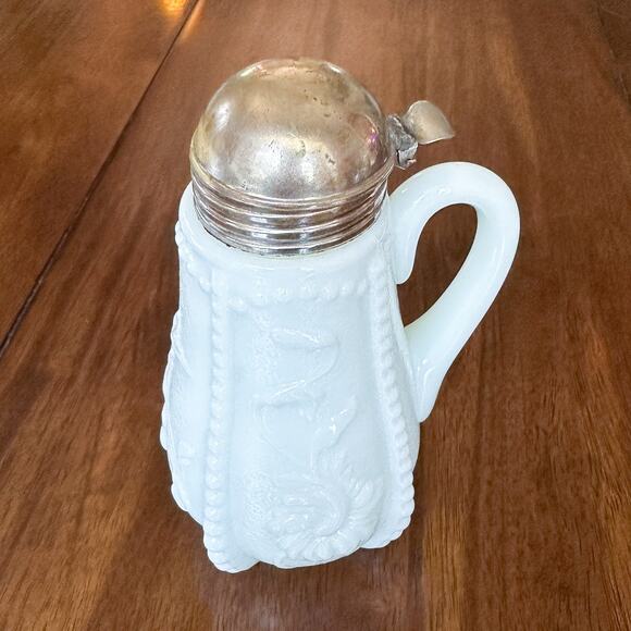 Antique Blue Milk Glass Syrup Pitcher with Tin Lid Victorian Embossed - Picture 4 of 13